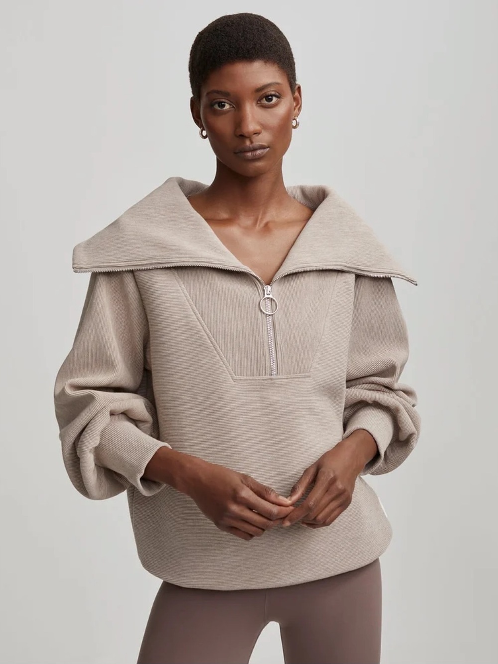 Varley Vine Half Zip Pullover XS Taupe Marl Ribbed Sweatshirt